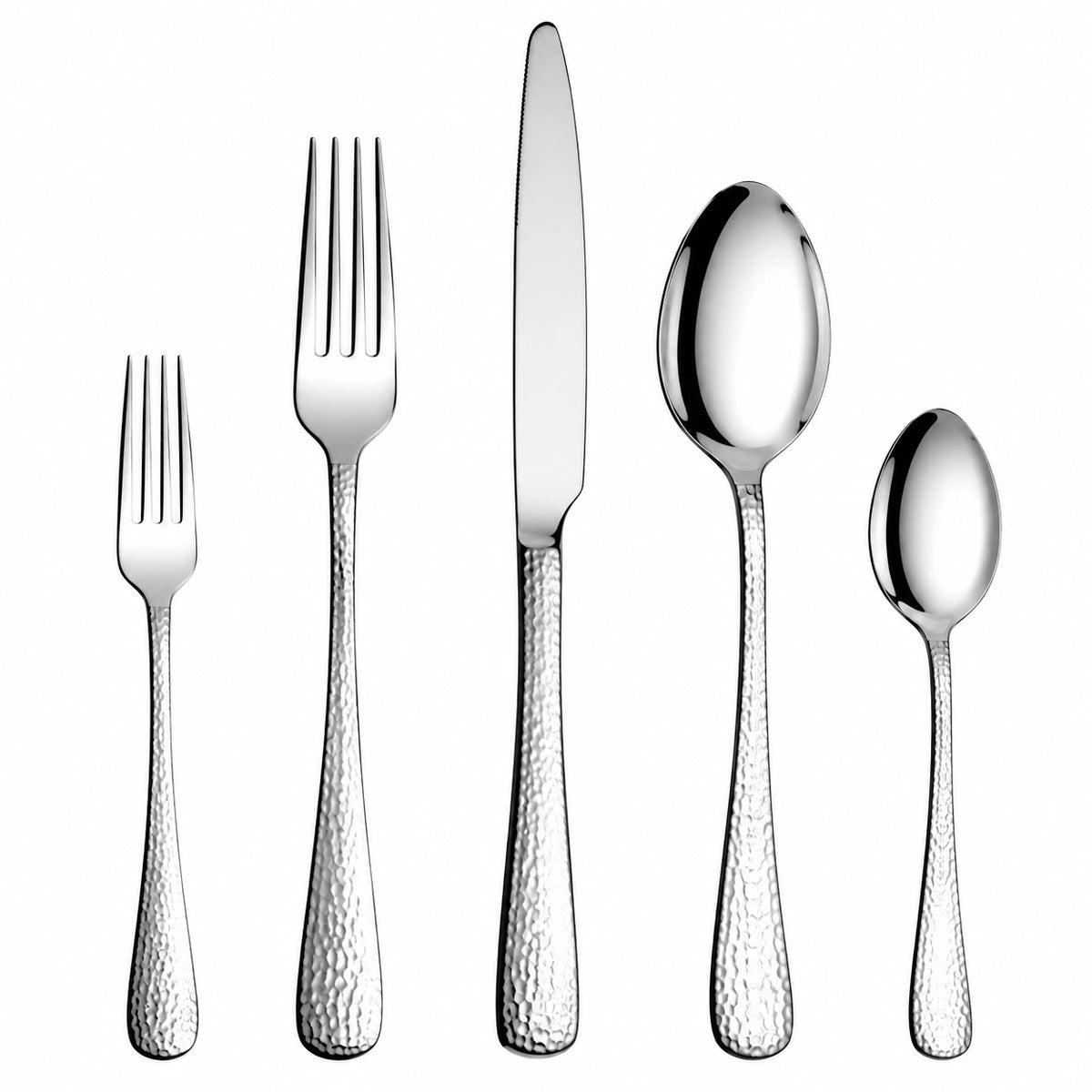 5-teiliges Besteckset bis 22 cm aus Edelstahl in Silber mit gehämmerter Griffstruktur