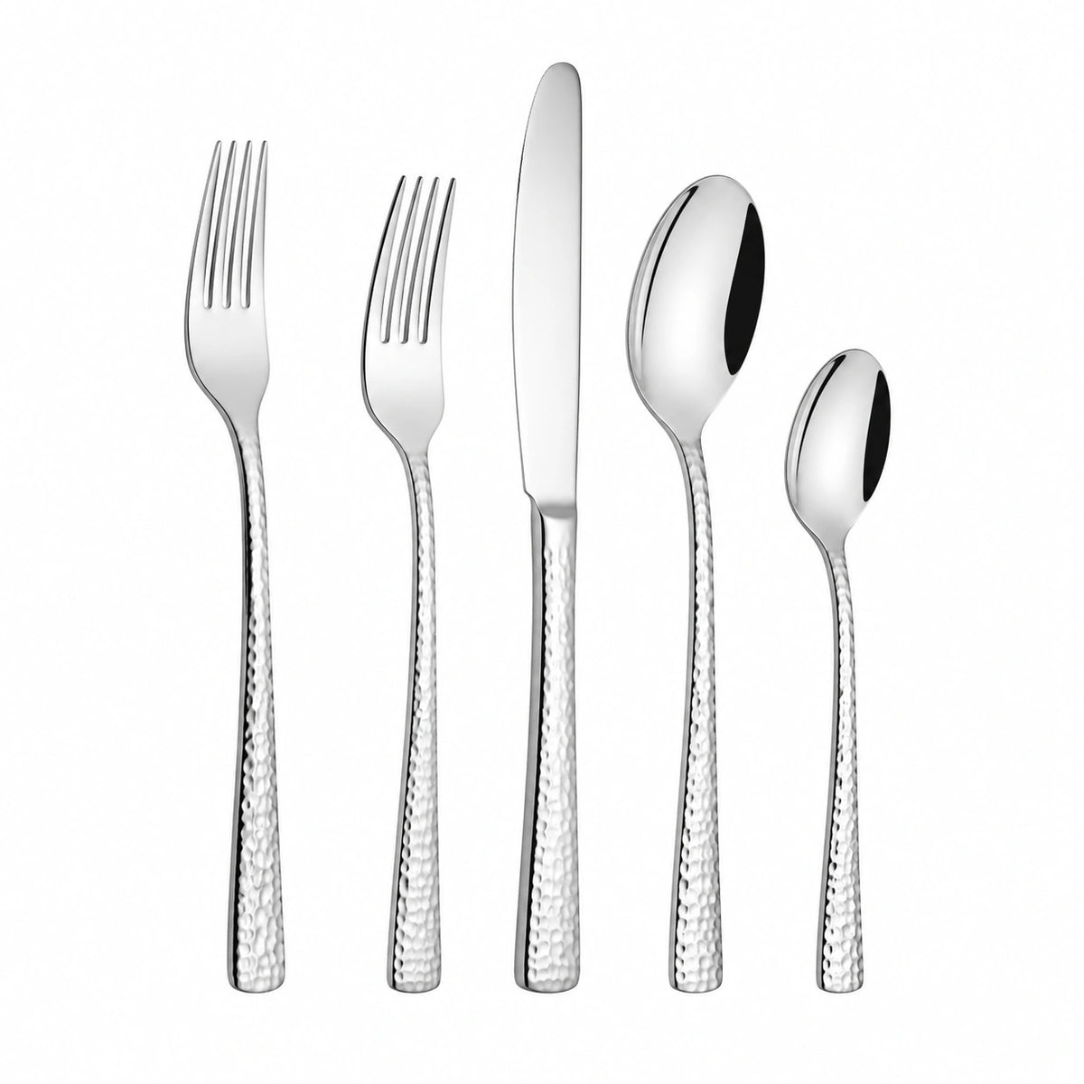 5-teiliges Besteckset aus Edelstahl in Silber mit gehämmerten Griffen für den Esstisch