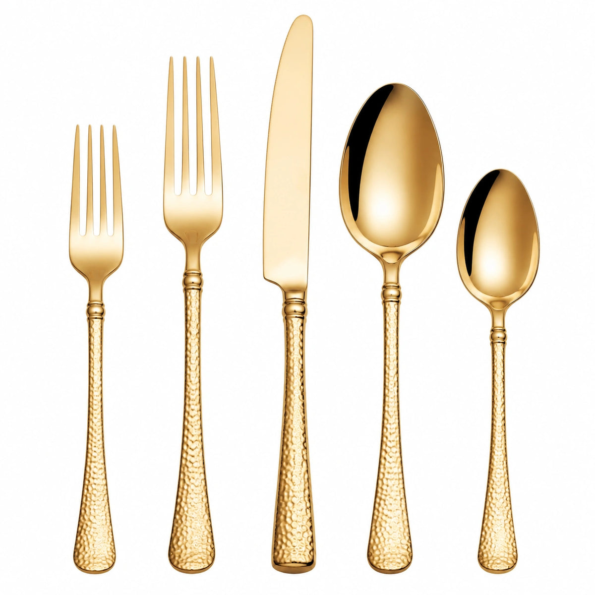 Besteckset 5-teilig goldfarbenes Metall mit strukturierter Oberfläche für Tischgedeck