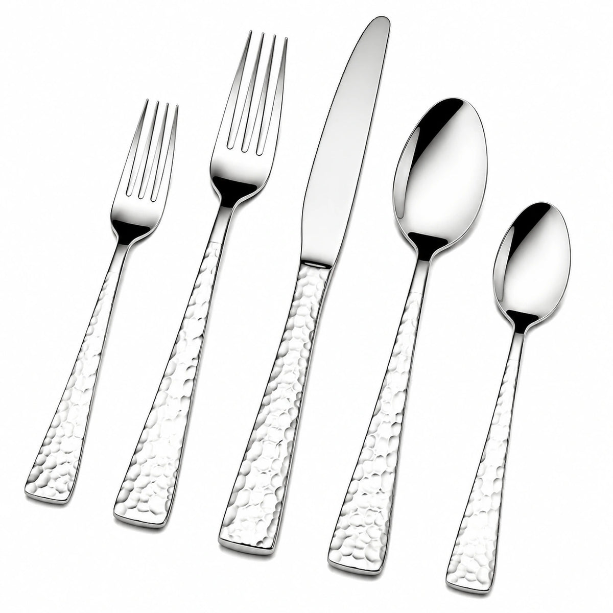 Besteckset 5-teilig aus Edelstahl Silber mit gehämmertem Griff für den Alltag