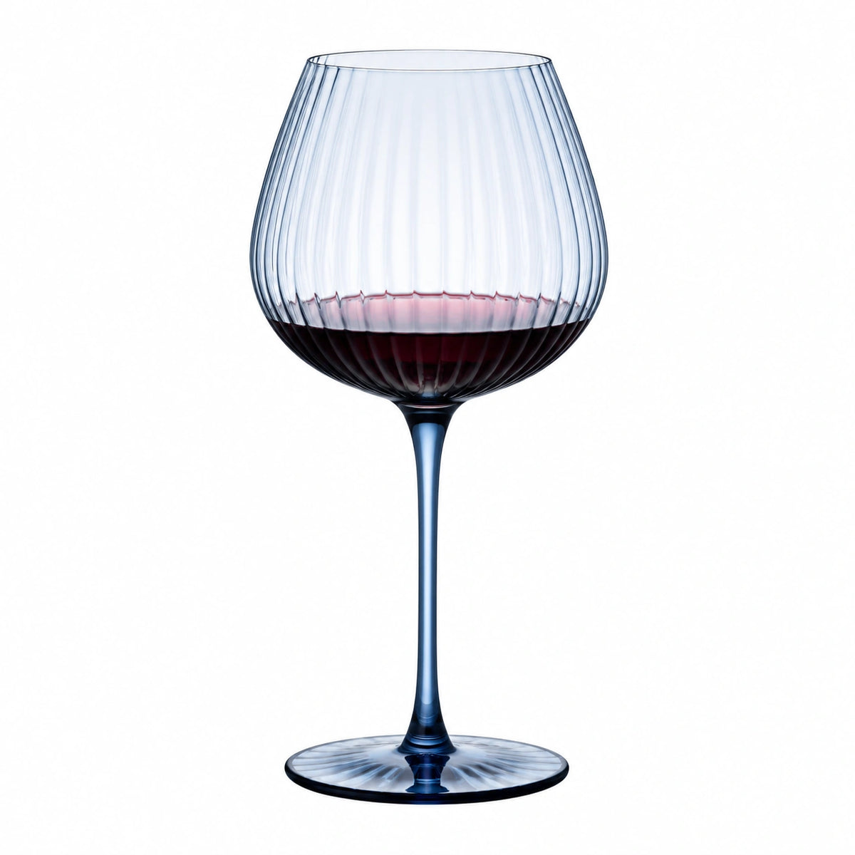 Weinglas 500 ml aus geriffeltem Glas transparent dunkelblau für Rotwein mit Stiel