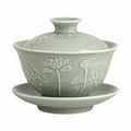 Gaiwan Teeschale 150 ml Porzellan Grün mit Lotusrelief und Deckel