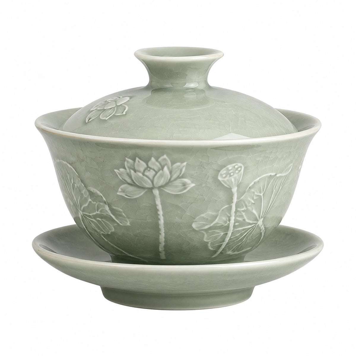 Gaiwan Teeschale 150 ml Porzellan Grün mit Lotusrelief und Deckel