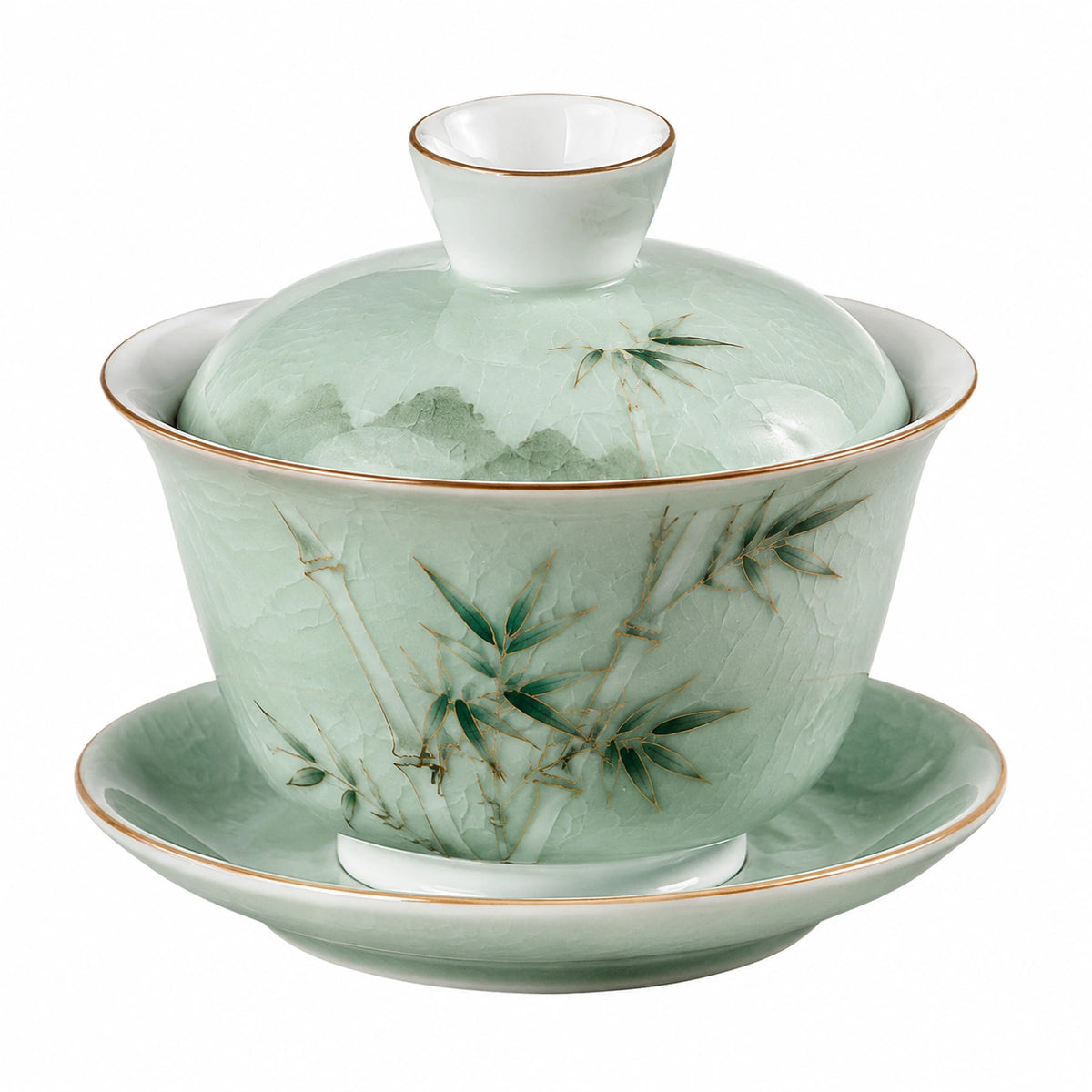 Gaiwan Teeschale 180 ml 10.5 cm Porzellan Hellgrün mit Bambusmotiv