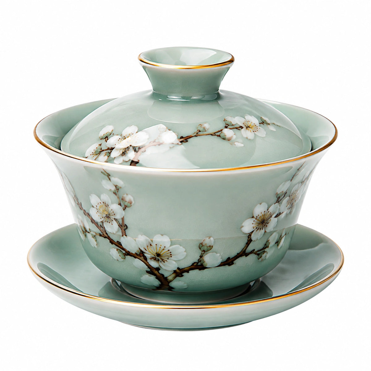 Gaiwan Teeschale 180 ml Porzellan Mintgrün mit Blütenmotiv und Deckel