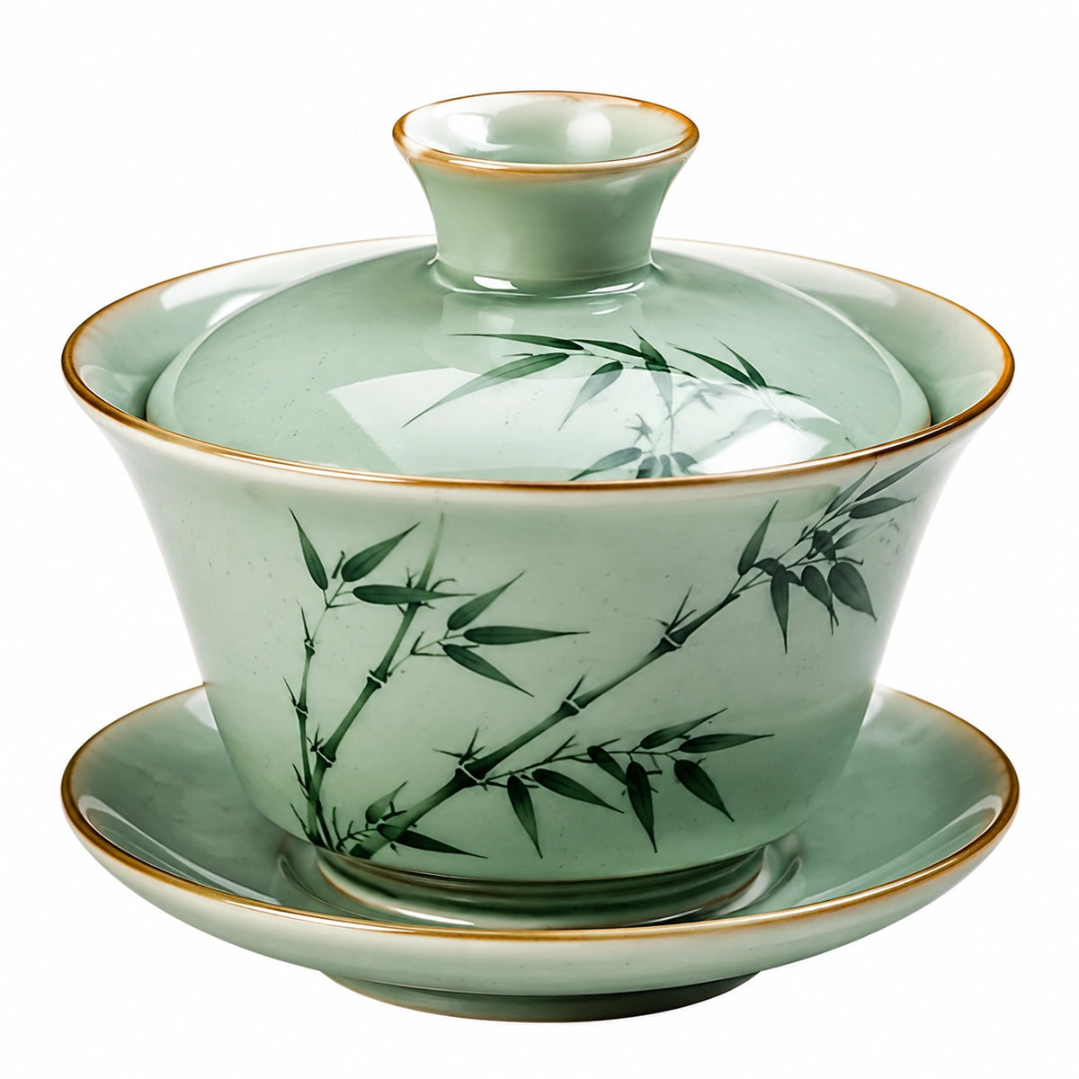 Gaiwan Teetasse 180 ml Keramik Grün mit Bambusdekor und Deckel