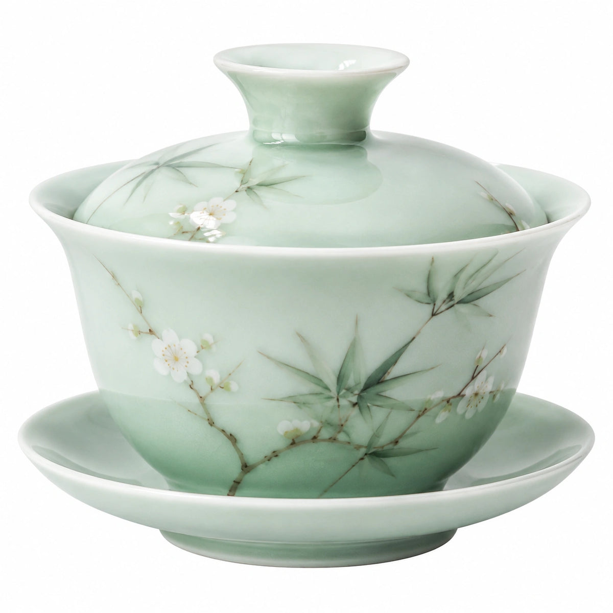 Porzellan Gaiwan 150 ml Grün mit Blütenmotiv für losen Tee