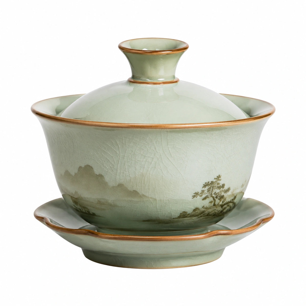Gaiwan Teeschale 150 ml Keramik Grün mit Deckel und Untertasse