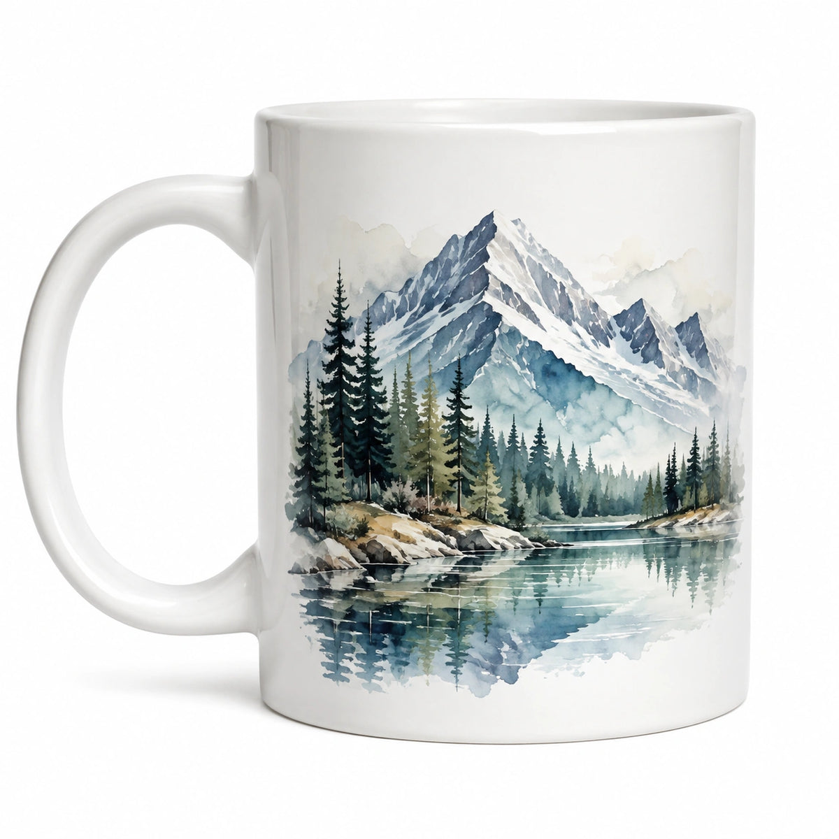 Keramiktasse 330 ml Weiß Blau Grün mit Berglandschaft für Heißgetränke