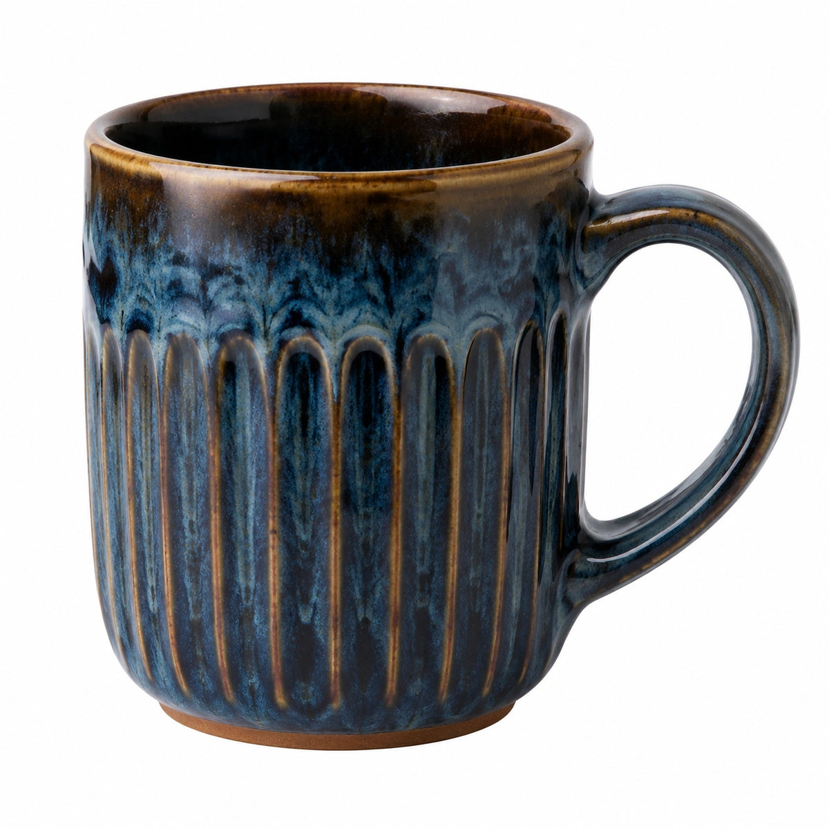 Keramiktasse 350 ml aus Keramik Blau Braun mit Rillenstruktur für Heißgetränke