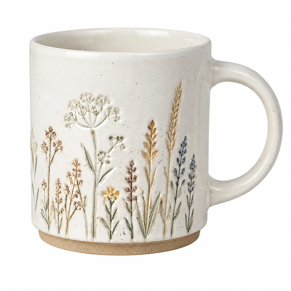Keramik Kaffeebecher 400 ml 9 cm Durchmesser 10 cm Höhe Cremefarben mit Blumenrelief - Henkelbecher