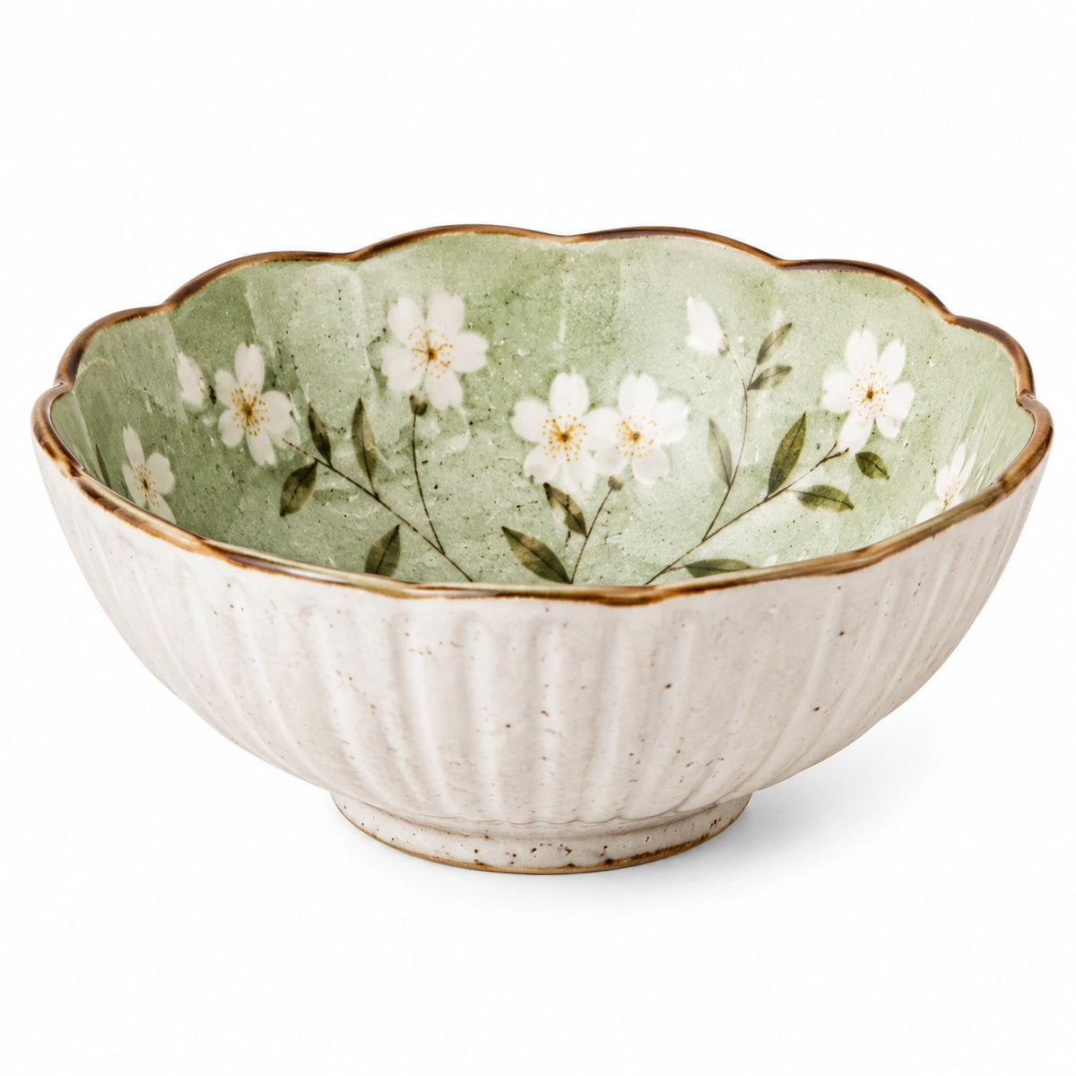 Keramikschüssel 15 cm Cremegrün mit Blumenmuster für Desserts und Beilagen
