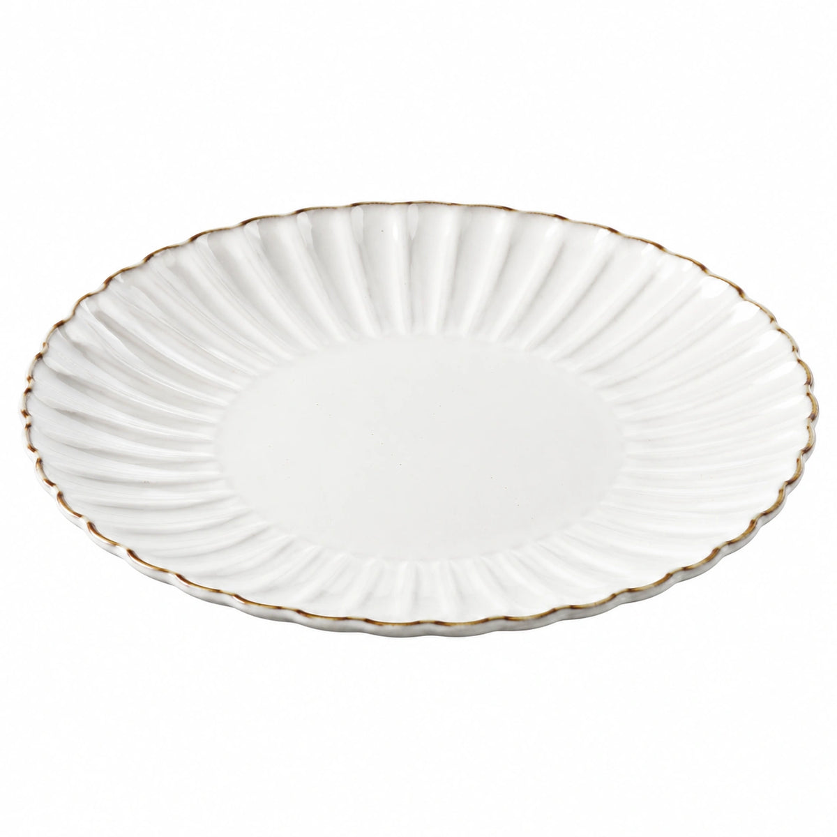 Ovale Servierplatte 35 x 25 cm Porzellan Weiß Goldrand Geriffelt