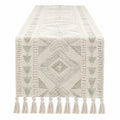 Tischläufer 180 x 35 cm Gewebe Beige Salbeigrün mit geometrischem Muster und Quasten