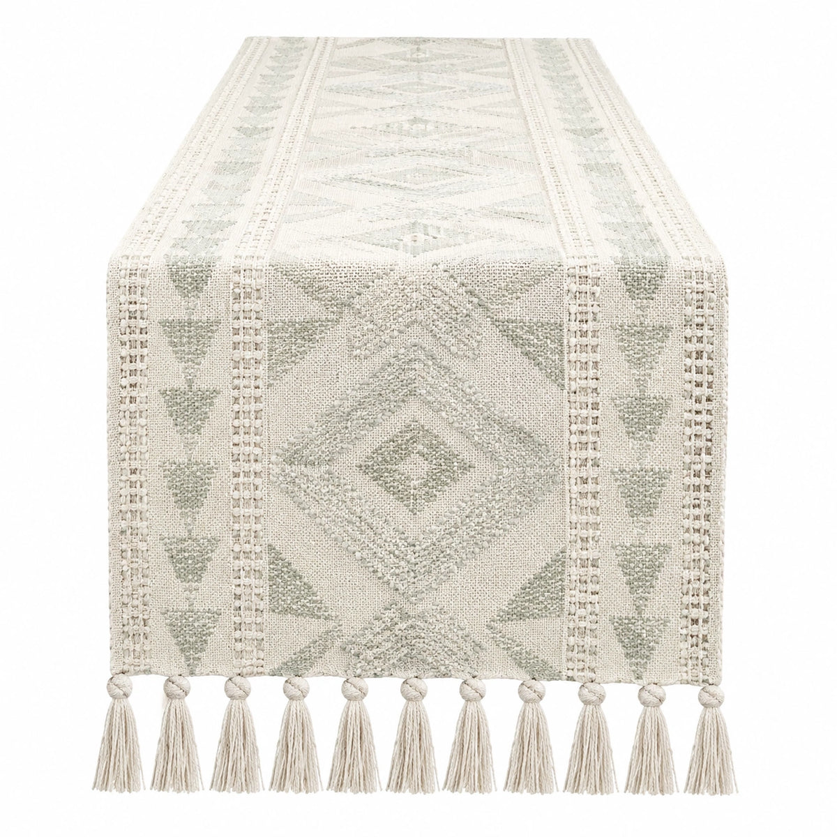 Tischläufer 180 x 35 cm Gewebe Beige Salbeigrün mit geometrischem Muster und Quasten