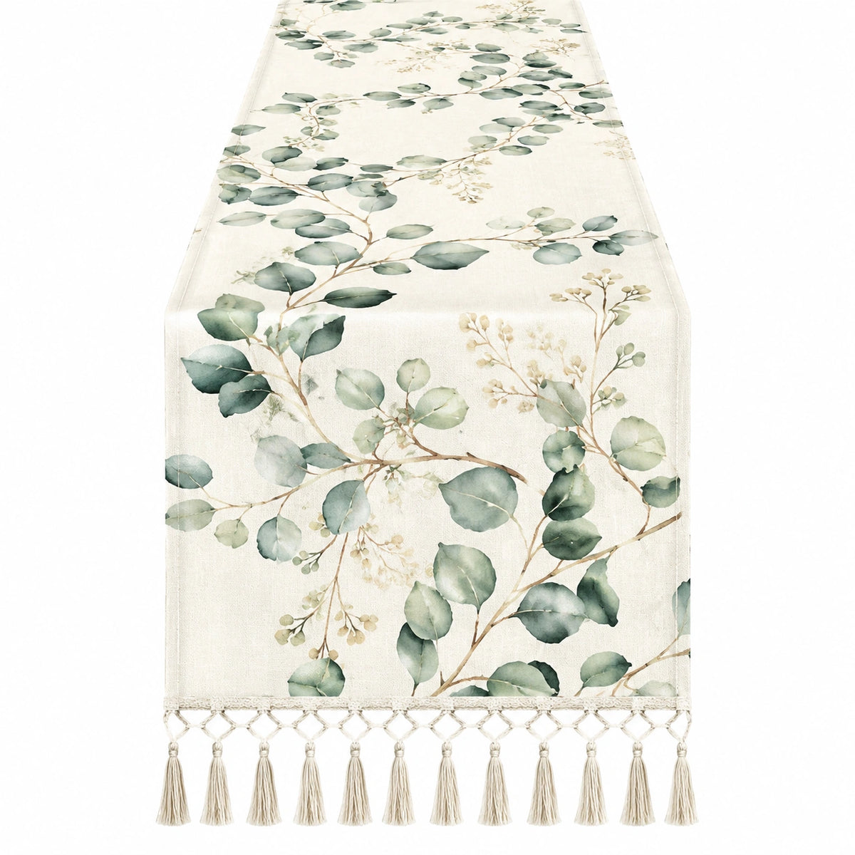Tischläufer 180 x 33 cm aus Textilgewebe in Creme Grün mit Blättermuster und Quasten für Esstische