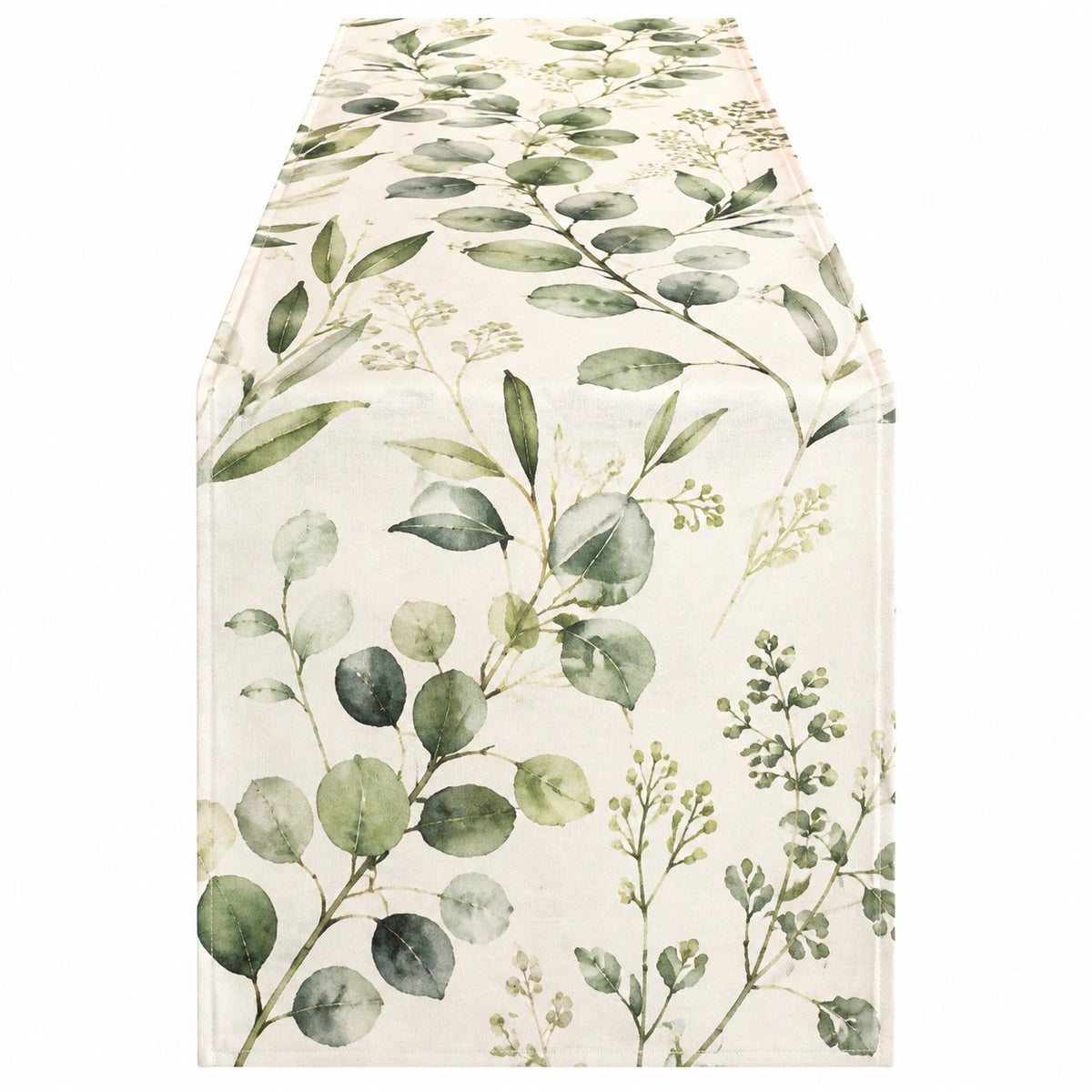 Tischläufer 40 x 180 cm aus Textilgewebe in Creme Grün mit Blätterdruck für Esstisch